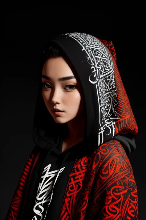 masterpiece, calligraphy art, calligraphy, modern art, brush strokes, girl lying portrait in casual hoodie, intricate detailed background, complex pose, text, surreal, fashion photography, abstract, absurdres <lora:Calligraphy art:0.7>