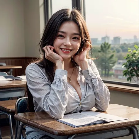 masterpiece, best quality, upper body, 1girl, large breasts, black hair, showing cleavage, white blouse, sitting on the chair, across the table, looking at viewer, big smile, <lora:breast rest,breasts on table,upper:0.85>, breast rest, breasts on table, window, sunset,
in the classroom,