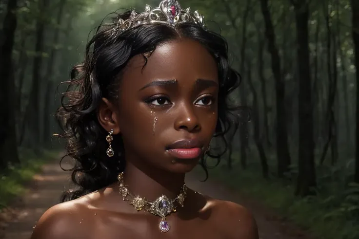 an 18 year old black woman running, black woman running towards viewer, pouting, broken, crying, tearful, tears running down cheeks, running through a forest, forest background, blurred background, 4K, UHD, masterpiece, ultra sharp, cinematic light, hyper detailed, illustration, style-princess, <lora:breastsizeslideroffset:-0.5>, <lora:bitch_breaker_v2:1.5>