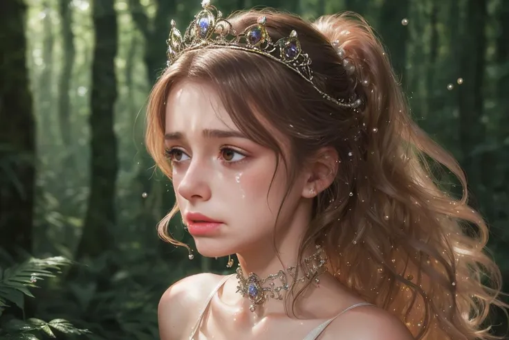 an 18 year old woman running, running towards viewer, pouting, broken, crying, tearful, tears running down cheeks, running through a forest, forest background, blurred background, 4K, UHD, masterpiece, ultra sharp, cinematic light, hyper detailed, illustration, style-princess, <lora:breastsizeslideroffset:-0.5>, <lora:bitch_breaker_v2:1.1>