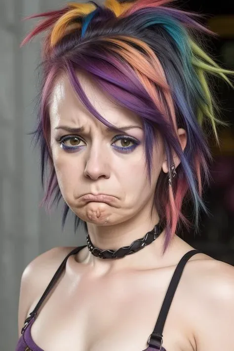 a cute rainbow haired punk woman pouting <lora:bitch_breaker_v2:1.0>, sharp focus, (8k uhd:0.5), ultra-detailed, RAW photo,