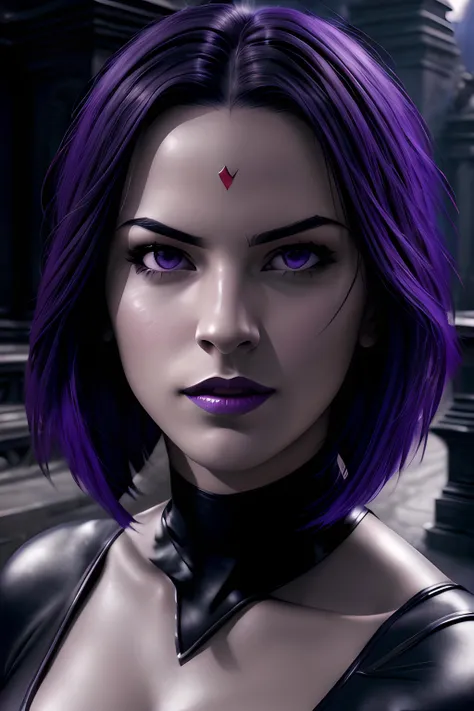 StopMotion fr1rv1n6 style purple hair,grey skin,purple eyes, leotard, purple skin