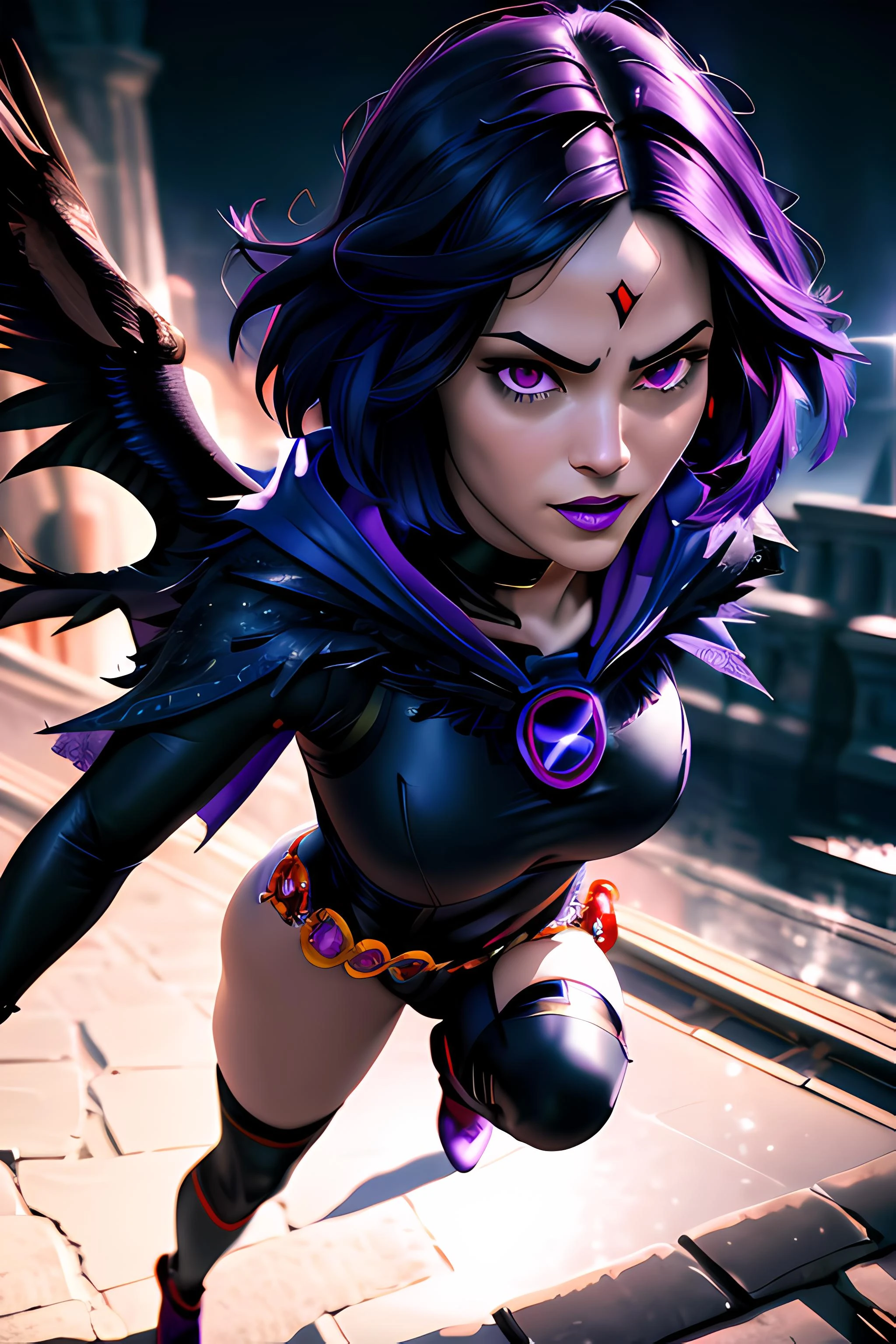masterpiece, best quality, , raven \(dc\), raven from  titans, 1girl, superhero, black leotard,
masterpiece, best quality, highest quality, cinematic lighting, (volumetric lighting), extremely detailed CG unity 8k wallpaper, focused, 8k wallpaper, 4k wallpaper, extremely detailed, ultra realistic, photorealistic, sharp focus, absurdres, (HDR:1.2), (high contrast), photograph, detailed and intricate, Instagram, vibrant, 4K HQ, sharp focus, (Ultra realistic [[photo]], detailed face:1.0), (detailed eyes:1.0), (realistic photo:1.1), (masterpiece:1.0), detailed background, (full body),  texture, textured hair, 
purple hair, short hair, large breasts, purple cape, red eyes, (nude), round ass, 
<lora:Raven:0.8>