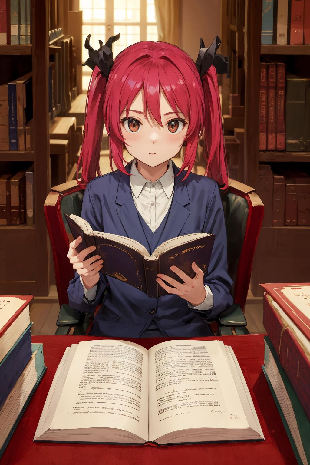 Anime girl reading a book in a library with a lot of books - SeaArt AI