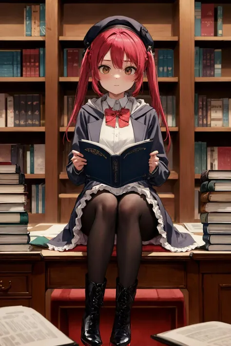 best quality, (masterpiece:1.2), detailed,
library,desk,chair,sitting,book,reading, library,desk,chair,sitting,book,reading, beret,hooded coat,st. theresa's girls academy school uniform,frilled dress,black pantyhose,boots
<lora:cthuko-nyaruko:0.8>, cthuko, looking at viewer,  <lora:GoodHands-vanilla:1>