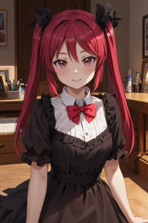 best quality, (masterpiece:1.2), detailed,
black dress, red bowtie, hair bow, looking at viewer, smile, <lora:cthuko-nyaruko:0.8>, cthuko, looking at viewer,  <lora:GoodHands-vanilla:1>