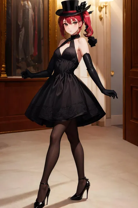 best quality, (masterpiece:1.2), detailed,
middle part,top hat,dress,black gloves,elbow gloves,black pantyhose,high heels
<lora:cthuko-nyaruko:0.8>, cthuko, looking at viewer, <lora:GoodHands-vanilla:1>