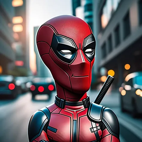 cinematic photo Advertising poster style a cartoon character with grey skin dressed as deadpool, city background <lora:Rodger1024:0.9> . 35mm photograph, film, bokeh, professional, 4k, highly detailed