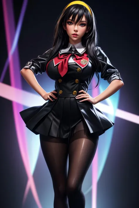 (ultra realistic,32k,RAW photo:1.1),(high detailed skin:1.1), 8k uhd, dslr, high quality, film grain,(makeup, mascara:1.1) ,lips,(thick\lips\),
(shiny glossy translucent clothing:1.1), <lora:HimemiyaChikane:0.7>Himemiya Chikane, red school uniform, pantyhose, jewelry, yellow hairband, black hair, (blue eyes:0.75),, (huge breast:0.9), <lora:add_detail:0.89>
Standing on one leg with hands on hips,
(busty:1.1) , (chubby:0.1),(Specular highlight holography :1.1),,<lora:LowRA:0.4>, dark theme, blank background ,(glowing background lights :1.1),