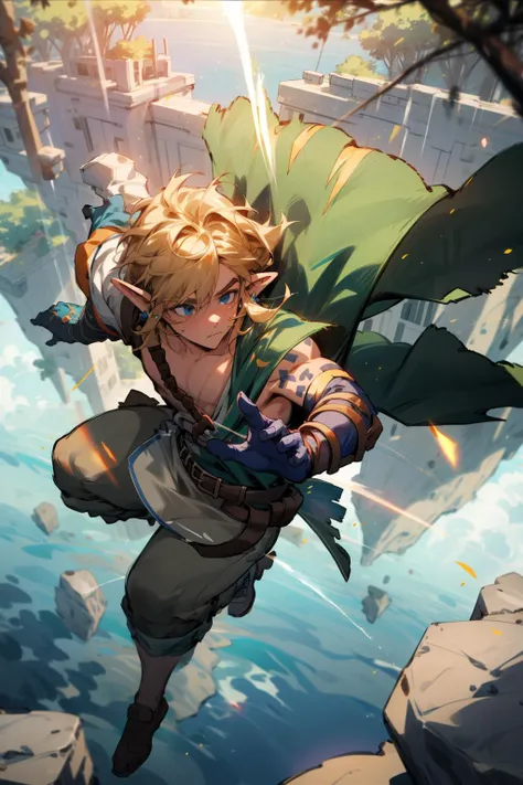 masterpiece, ultra-detailed, solo, male focus, 1boy, link \(totk\), day, natural light, sky, floating islands,rocks, trees, jewelry, earrings, tunic, pants, gloves, belt, single bare shoulder, muscles, full body, male focus, dust, floating particles, magic particles, amazing composition, lens flare, movie composition, deth of field, bokeh <lora:add_detail:0.5> <lora:tloz_link_totk-10:1>