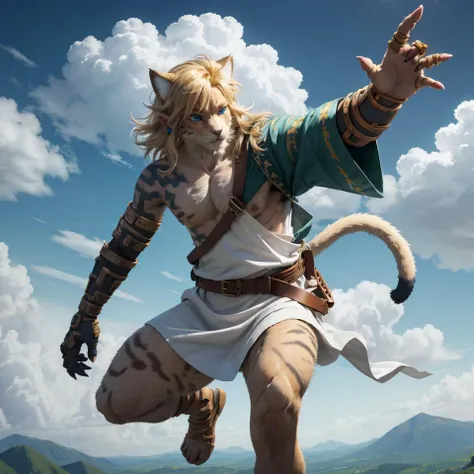 <lora:CatgirlLoraV7:.9> <lora:totk_link_v11_mech:1> totklink, single mechanical arm, off shoulder, earrings, (white toga):1.5, messy blond hair, body fur, anthropomorphic cat, sky, clouds, masculine, dynamic, running, jumping, combat, shoulder strap, shoulder stole,