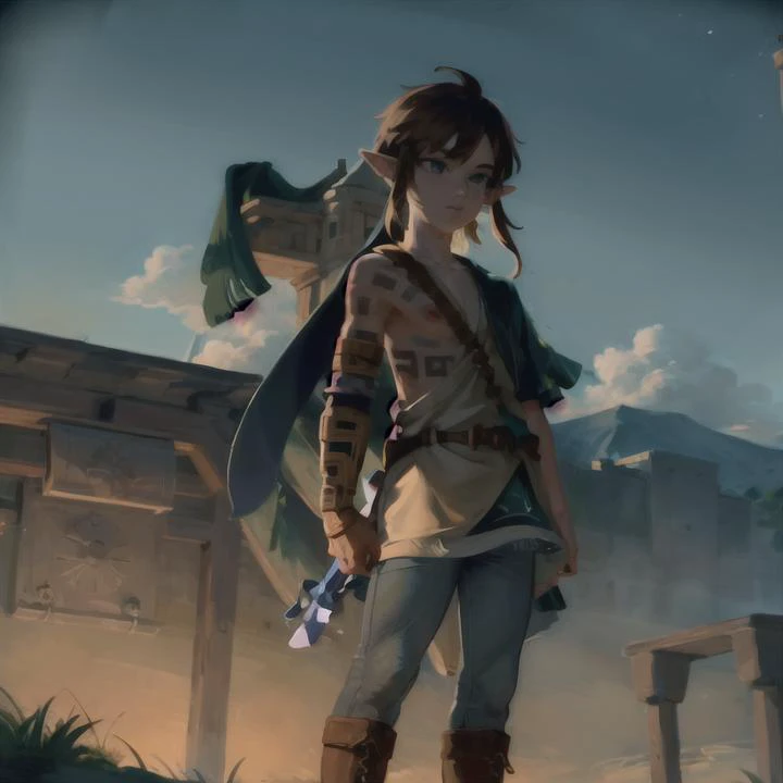 (masterpiece:1.3), best quality, ultra detailed, 1boy, solo, full body, <lora:linkTheLegendOfZelda_v10:0.8>, link \(totk\), arm tattoo, (teenager), inside a castle, young, boots, tunic, pants, holding sword