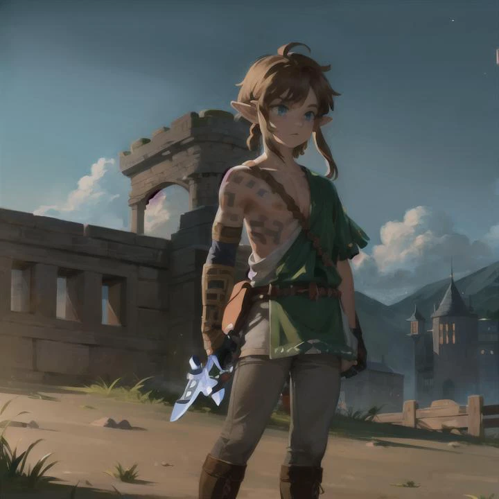 (masterpiece:1.3), best quality, ultra detailed, 1boy, solo, full body, <lora:linkTheLegendOfZelda_v10:0.8>, link \(totk\), arm tattoo, (teenager), inside a castle, young, boots, tunic, pants, holding sword