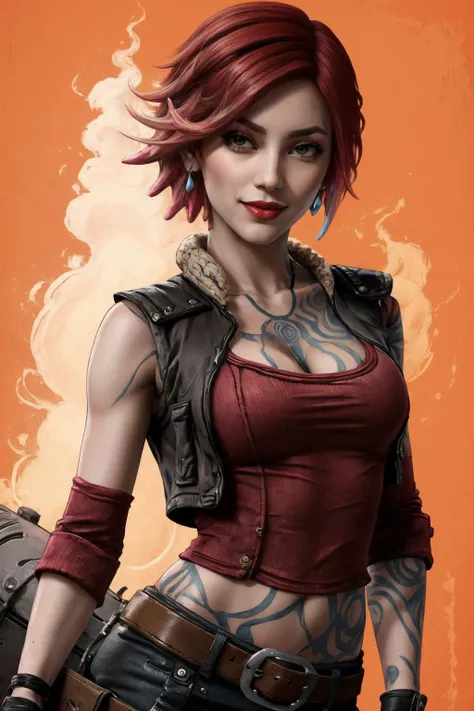 <lora:lilith_(borderlands):0.8> lilith (borderlands), 1girl, arm tattoo, bare shoulders, breast tattoo, breasts, buckle, chest tattoo, cleavage, cloud, collarbone, cropped vest, drum (container), earrings, eyelashes, faux figurine, fingerless gloves, fishnets, from below, handgun, holding, jacket, jewelry, lipstick, looking at viewer, makeup, medium breasts, midriff, navel, nose, open jacket, open vest, orange background, pants, pink lips, planted, portrait, poster (object), pouch, red hair, short hair, smile, solo, stomach tattoo, tattoo, vest, zoom layer, masterpiece, best quality