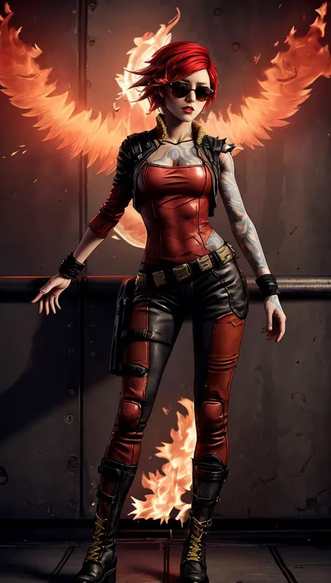 <lora:GoodHands-beta2:1> nice hands, perfect hands, <lora:add_detail:1>, ((masterpiece)), (best quality:1.7), <lora:lilith_(borderlands):0.7> lilith (borderlands), short hair, red hair, white strand hair, yellow eyes, arm tattoo, full body shot (((sexy, red leather suit, black combat boots with spikes, sunglasses, flames)))