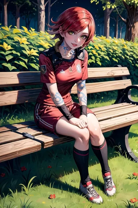 (masterpiece, best quality, detailed), 1girl, solo, looking at viewer, lilithbl2, tattoo, makeup,
<lora:Soccer Uniform By Stable Yogi:0.5>, soccer uniform, outdoors, forest, nature, grass, tree, flower, leaf, night, dark, sitting on bench, on bench, bench, sitting, full body, smile, parted lips, heavy breathing