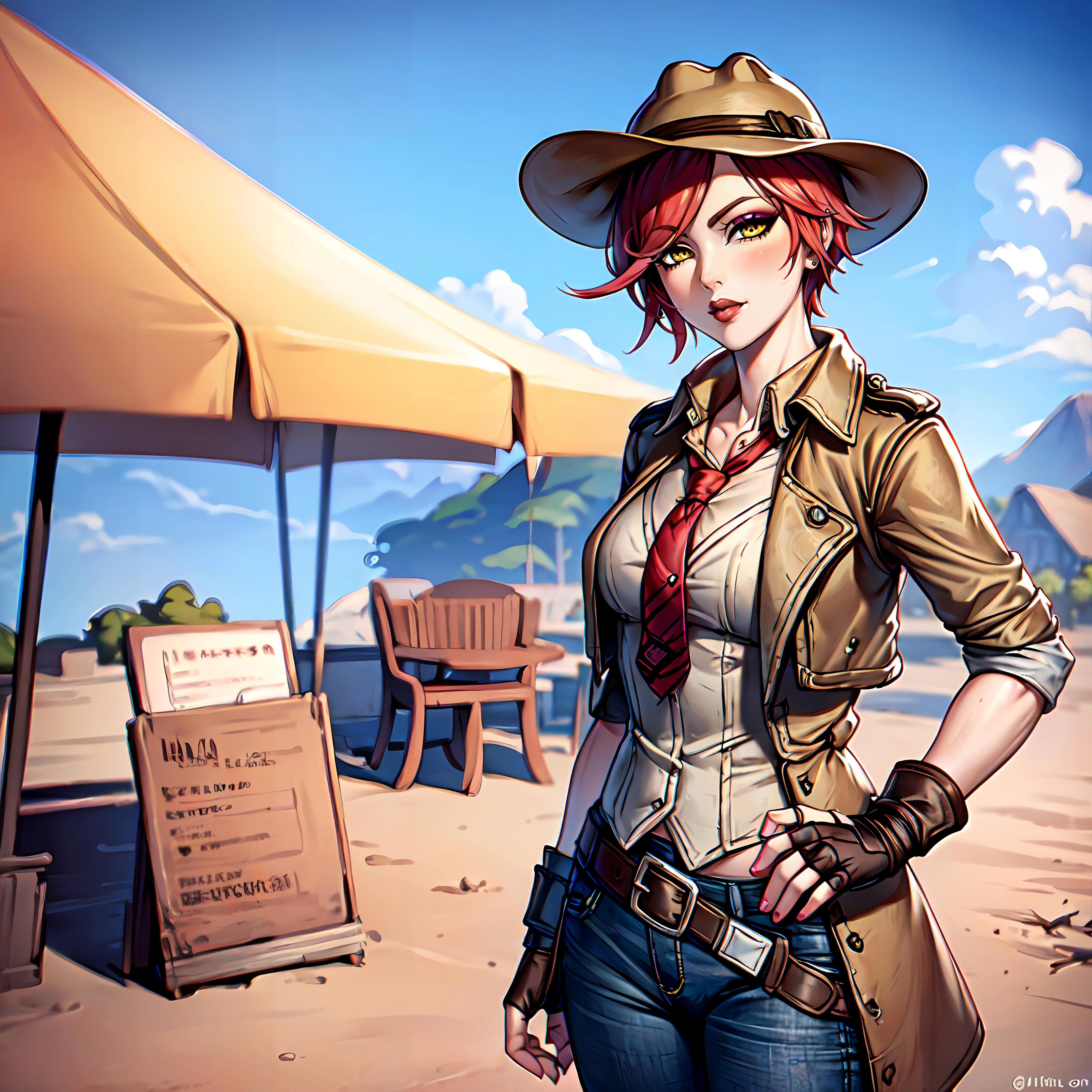 lilith (borderlands), tattoo, fingerless gloves, red hair, pants, yellow eyes, lipstick, makeup, pants, belt, science fiction, denim, single glove, jeans, (((white collared shirt, tie, trench coat, Fedora))) (((1girl))), mascara, bangs, short hair <lora:lilith_(borderlands):0.7>