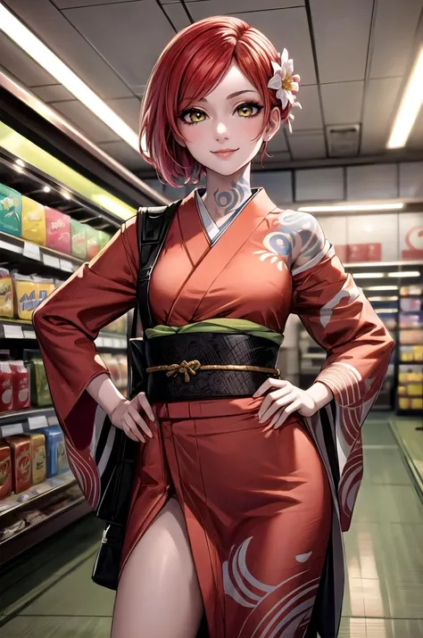 (masterpiece, best quality, detailed), 1girl, solo, looking at viewer, lilithbl2, tattoo, makeup,
yukata, kimono, obi, print kimono, japanese clothes, short kimono, hair flower, indoors, convenience store, shop, hands on hips, smile, closed mouth