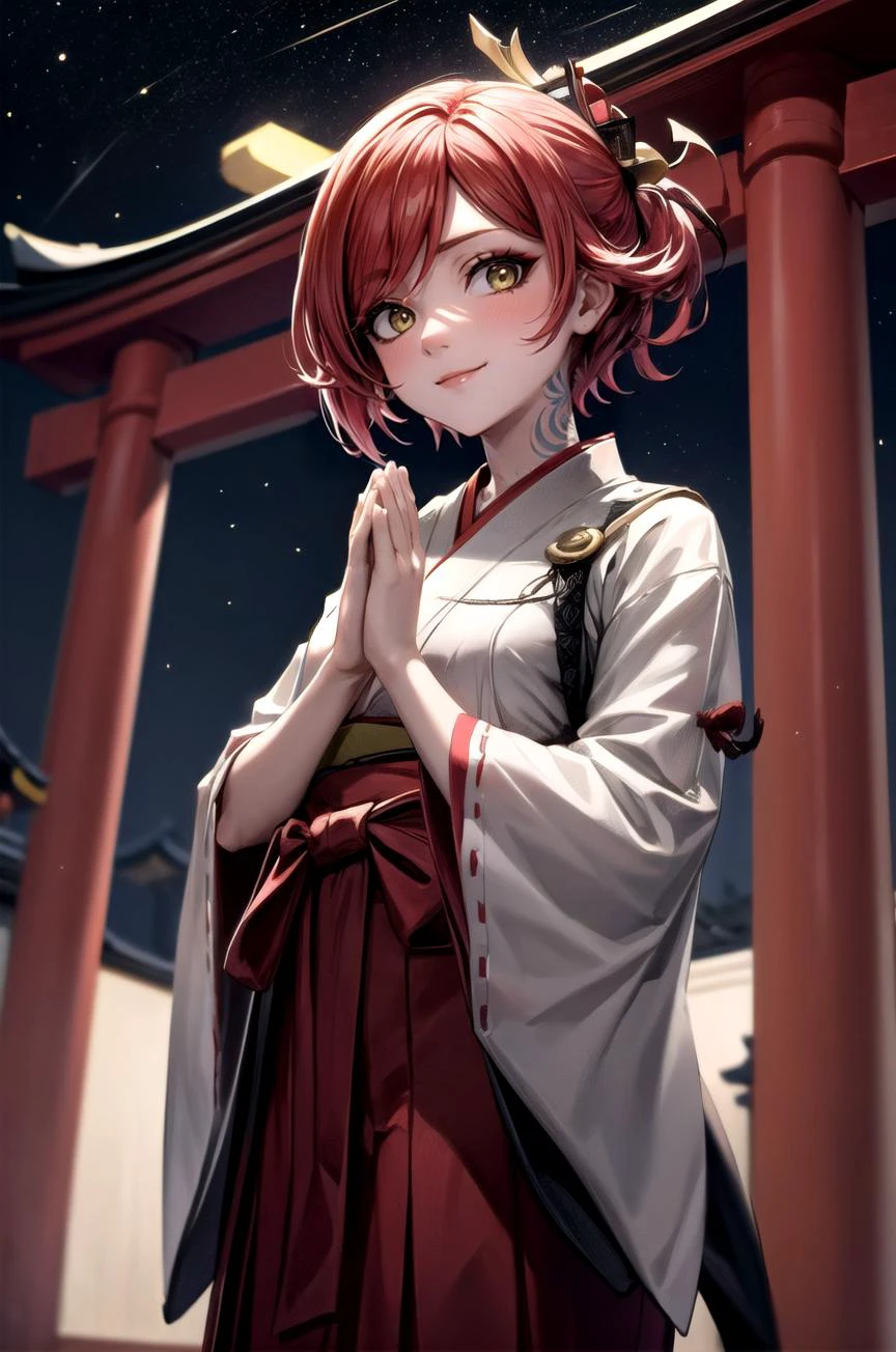 (masterpiece, best quality, detailed), 1girl, solo, looking at viewer, lilithbl2, tattoo, makeup,
miko, japanese clothes, red hakama, wide sleeves, white kimono, ribbon trim, hip vent, hakama skirt, outdoors, night, torii, shrine, east asian architecture, praying, own hands together, own hands clasped, smile, closed mouth