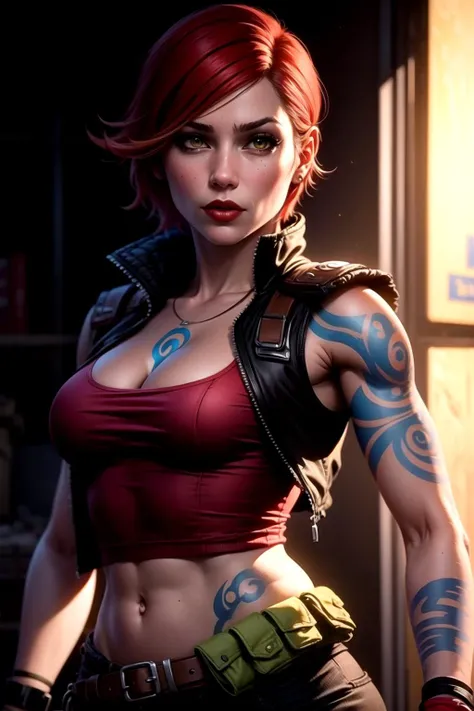 <lora:lilith_(borderlands):0.8>, lilith (borderlands), masterpiece, best quality, tattoo, open vest, 1girl, yellow eyes, red hair, arm tattoo, short hair, gloves, pouch, breasts, cowboy shot, makeup, solo, swept bangs, cleavage, vest, fingerless gloves, lipstick, flipped hair, pants, torn clothes, belt pouch, clothes around waist, belt, bangs, medium breasts, looking at viewer, red lips, closed mouth, collarbone, standing, breast tattoo, torn shirt, black gloves, open clothes, wristband, torn pants, shirt, cropped vest, lips, jacket around waist, pocket, stomach tattoo, brown belt, red shirt, buttons, multiple belts, buckle, yellow jacket, fishnets, sleeveless, jewelry, brown gloves,  <lora:_beautiful_detailed_eyes:0.3> <lora:detailmaker:1> photorealism, high contrast, photorealistic digital art trending on Artstation 8k HD high definition detailed realistic, detailed, skin texture, hyper detailed, realistic skin texture, armature, best quality, ultra high res, (photorealistic:1.4), high resolution, detailed, raw photo, sharp re, rich colors hyper realistic lifelike texture dramatic lighting unrealengine trending on artstation cinestill 800