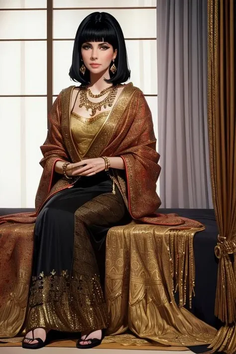 masterpiece,best quality,highres,realistic,1girl,solo focus,full body,<lora:Cleopatra:0.6>,black_hair,jewelry,necklace,curtains,sitting,
