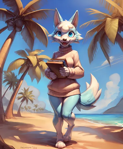 masterpiece, (Skye), (Animal Crossing:1.4), (female), cute, smiling, happy, (light blue body), young adult, shy:1.4, shame, blushing, nerdy, (small breasted), wolf, embarrassed:1.4, (holding 3books), (detailed books), (closed books in arms), (white knitted jacket), (sweater), clothing, cute, large eyes, wolf ears, furry, (front view:1.4), (looking at the viewer), (white cloud pattern on head), (detailed blue eyes), (black pupil),(long bushy tail), (eyelashes), (full body view), paws, digitigrade:1.4, (full-length portrait), paws, claws, (white claws), (pink pawpads), detailed fur, detailed eyes, snout, (wolf tail), tail, anthro, open maw, open mouth, canines, fangs, teeth, hi res, solo, fur, absurd res, canid, canine, beach, palms, ocean, Tropical Island BG, <lora:skye:0.85> <lora:fluffyrock-quality-tags-v3.0-vpred:0.4> digital media (artwork) OseaIsland detailed background, digital art, digital drawing, warm colors, warm lighting, perfect lighting, (by darkgem:0.85),(by thebigslick:0.65), (by syuro:0.85), <lora:add_detail:0.2> <lora:more_details:0.2>{1-4$$by Faustsketcher|by Jessie Willcox Smith|by Albert Marquet|by Cyril Rolando|by TheSecretCave|by Patto}
