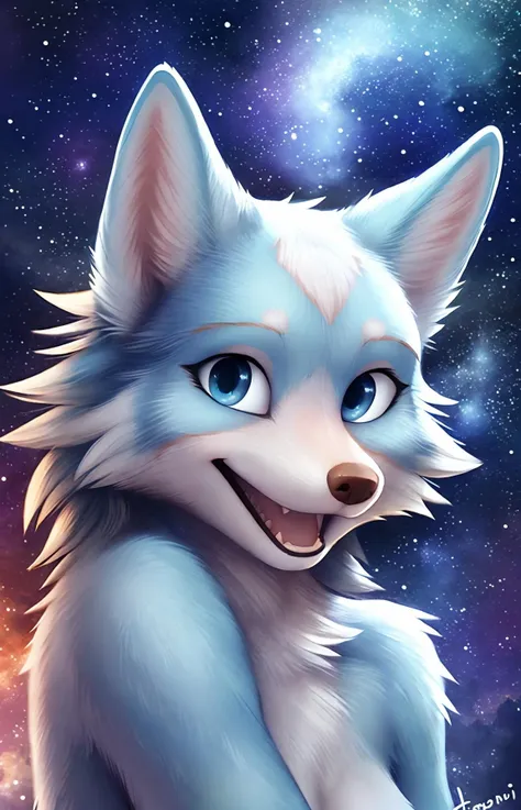 wolf,blue fur, white fur, eyeshadow,space, stars, happy, mouth open, teeth, smile, looking at viewer, honoy hioshiru personalami,tail,pink ears, portrait, posing, nebula, outside,anthro, blue eyes
 <lora:skye:1>