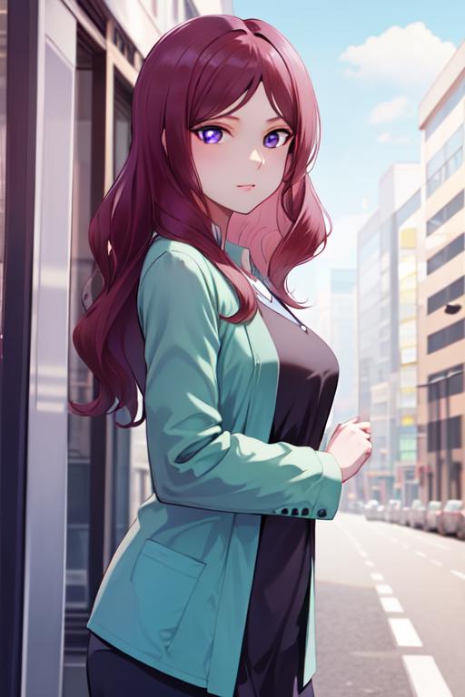 A woman in a green jacket standing on a city street - SeaArt AI
