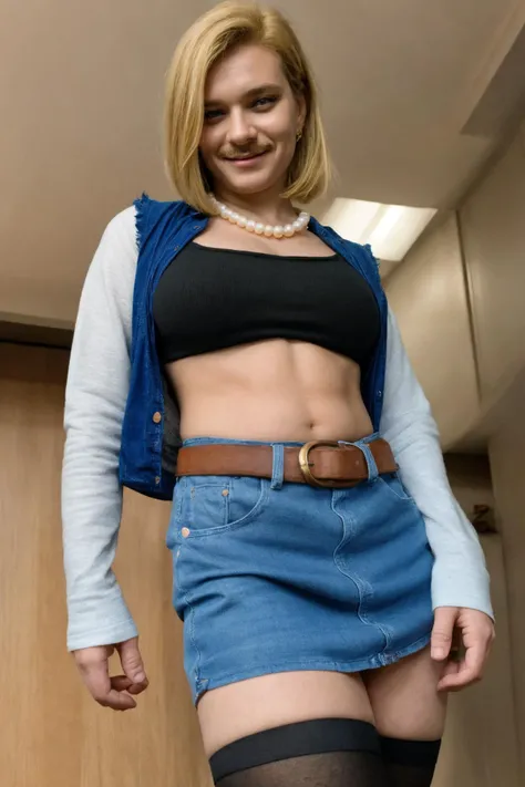 <lora:android18:0.8> ju hachi-go, ((blue skirt and black top, belt, stockings, short hair, blonde hair, navel out,two piece  ):1.2),
(( curvy, wearing blue denim skirt, wearing blue top with white long sleeves and black inner layer,wearing black pantyhose,thighs showoff):1.2), extreme detailed male face,
full body shot,looking at viewer,realistic,1boy,feminized boy,futanari,crossdressing, genderswap,solo,bare legs,thighs showoff,
(the boy is pretending to be a woman:1.4),(the boy is growth woman's breasts:1.4),<lora:breastsizeslideroffset:0.2>,
sexy standing pose, inside a gym storeroom,ultra fine painted clothes,indoors,ultra fine paint cheongsam,
completely shaved body,cameltoe,  (ultra fine painted  toenail polish and nail polish),extreme detailed clothes,
((muscular male, male face,cute face,cute smile,no facial hair,no beard):1.3),feminized makeup,ultra fine painted face,face detail,
((jewelr,jewelry hair accessories, straight hair,  swept bangs, cute straight hair, medium-length hair,  blonde hair):1.2),
ultra fine painted accessories,ultra fine painted hair accessories,earrings, pearl necklace, 
masterpiece, best quality, highres, (photorealistic:1), (depth of field:1.1),light color tone,light tone,low contrast,lighten the saturation,close-up character lighting,
,EasyMalePortrait,