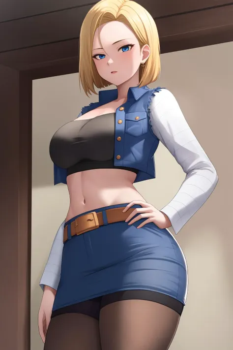 masterpiece, highly detailed CG unified 8K wallpapers, (HQ skin:1.2), 8k uhd, dslr, high quality, mature woman, ju hachi-go, blue skirt and black top, belt, stockings, short hair, blonde hair, beautiful and detailed eyes, beautiful skin, attractive, ultra-high resolution, high-definition, <lora:android18:0.8>