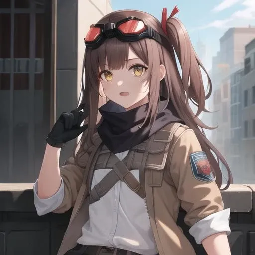 (masterpiece, best quality:1.2),illustration,8k,hd,city,1girl,solo,upper body,(portrait:1.2),gloves,goggles,brown hair,goggles on head,one side up,boots,jacket,socks,scarf,yellow eyes,short shorts,shirt,black shorts,belt,bandaid on leg,white shirt,bangs,sleeves rolled up,very long hair,bandaid on knee,<lora:Mayling Shen(gf2):0.6>,