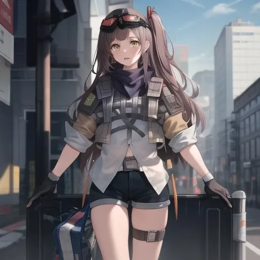 (masterpiece, best quality:1.2),illustration,8k,hd,city,1girl,solo,cowboy shot,gloves,goggles,brown hair,goggles on head,one side up,boots,jacket,socks,scarf,yellow eyes,short shorts,shirt,black shorts,belt,bandaid on leg,white shirt,bangs,sleeves rolled up,very long hair,bandaid on knee,<lora:Mayling Shen(gf2):0.8>,