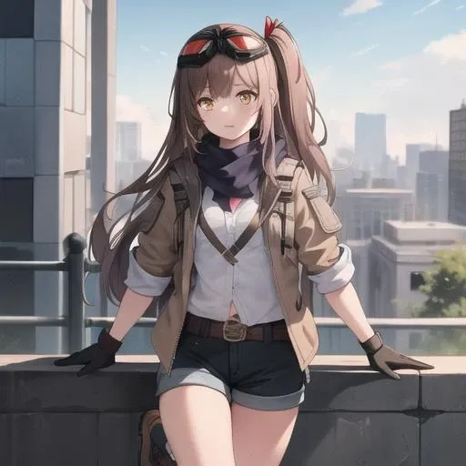 (masterpiece, best quality:1.2),illustration,8k,hd,city,1girl,solo,cowboy shot,gloves,goggles,brown hair,goggles on head,one side up,boots,jacket,socks,scarf,yellow eyes,short shorts,shirt,black shorts,belt,bandaid on leg,white shirt,bangs,sleeves rolled up,very long hair,bandaid on knee,<lora:Mayling Shen(gf2):0.6>,
