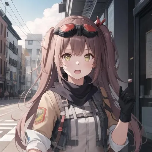 (masterpiece, best quality:1.2),illustration,8k,hd,city,1girl,solo,upper body,(portrait:1.2),gloves,goggles,brown hair,goggles on head,one side up,boots,jacket,socks,scarf,yellow eyes,short shorts,shirt,black shorts,belt,bandaid on leg,white shirt,bangs,sleeves rolled up,very long hair,bandaid on knee,<lora:Mayling Shen(gf2):0.6>,