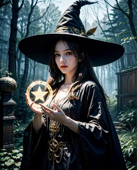 1girl, (witchcore, witchcraft, pagan, mystical, nature, occult) , magician, spell magic, magic circle, ((magic in hand)),(masterpiece, best quality:1.4),(absurdres, highres, ultra detailed:1.2),(using light magic:1.4),water magic, imaginative overlays, artistic fusion,fantastical scenes, evocative narratives, striking visuals, upper body <lora:magician_beta_1:0.8>