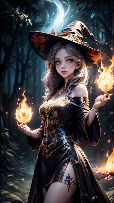 1girl, (((witchcore, witchcraft, pagan, mystical, nature, occult))) , magician, spell magic, magic circle, ((magic in hand)), ((fire magic)), (masterpiece, best quality:1.4),(absurdres, highres, ultra detailed:1.2),(using light and fire magic:1.4), imaginative overlays, artistic fusion,fantastical scenes, evocative narratives, striking visuals, upper body <lora:magician_beta_1:0.8>