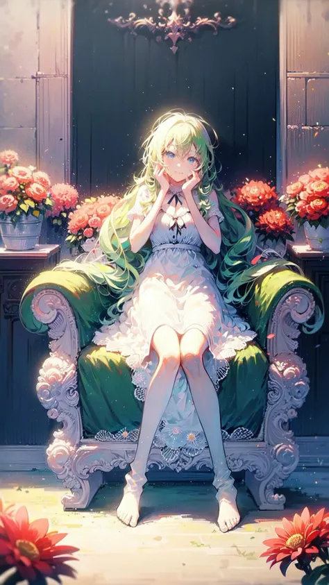 (masterpiece, best quality),1girl with long white hair sitting in a field of green plants and flowers, her hand under her chin, warm lighting, white dress, background, <lora:LichtV1:0.85>, light and shadow, lighting,