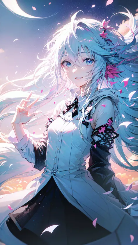 masterpiece, best quality, 1girl, (colorful),(finely detailed beautiful eyes and detailed face),cinematic lighting,bust shot,extremely detailed CG unity 8k wallpaper,white hair,solo,smile,intricate skirt,((flying petal)),(Flowery meadow) sky, cloudy_sky, building, moonlight, moon, night, (dark theme:1.3), light, fantasy, background, <lora:LichtV1:0.8>, light and shadow, lighting,