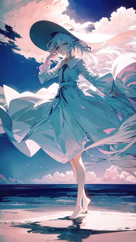 best quality, masterpiece, 1girl, beach, white berret, (white hair:1.2), long hair, ocean, dress, day, sky, horizon, outdoors, sand, blue sky, barefoot, cloud, sun hat, standing, smile, water, white dress, solo, closed eyes, floating hair, sun, full body, standing on liquid, long sleeves, bare legs, background, <lora:LichtV1:0.85>, light and shadow, lighting, sunset, athmospheric lighting, sky,