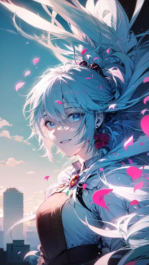 masterpiece, best quality, 1girl, (colorful),(finely detailed beautiful eyes and detailed face),cinematic lighting,bust shot,extremely detailed CG unity 8k wallpaper,white hair,solo,smile,intricate skirt,((flying petal)),(Flowery meadow) sky, cloudy_sky, building, moonlight, moon, night, (dark theme:1.3), light, fantasy, background, <lora:LichtV1:0.8>, light and shadow, lighting,