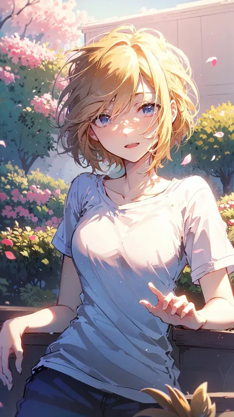 Best quality, masterpiece, pretty 1girl, absurdres, blonde hair, bob cut, medium breasts, black tshirt, denim shorts, garden background, flowers, magnolias, apple tree, close up portrait, background, <lora:LichtV1:0.8>, light and shadow, lighting,