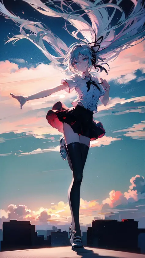 best quality, masterpiece, 1girl, solo, standing, full body, breast, black skirt, black legwear, thighhighs, black pantyhose, white shirt, short sleeves, long hair, blue hair, blue sky, clouds, background, <lora:LichtV1:0.85>, light and shadow, lighting,