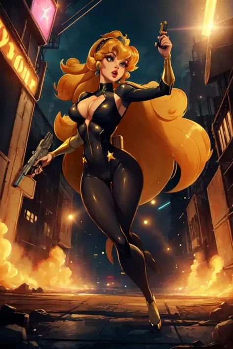 masterpiece,best quality, 1girl, PrincessDaphne, lipstick, bodysuit, superhero, action scene, fighting stance, cameltoe, looking looking at viewer, cleavage, in a futuristic city, energy gun, holding gun, <lora:DragonsLairV1.1:0.8>
