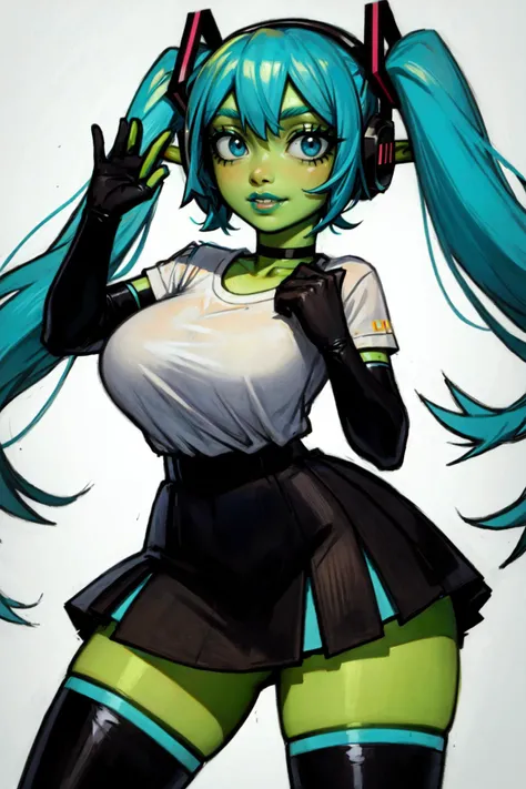 (1girl, one girl), (solo:1.3), (light_blue_hair:1.3), (hatsune_miku:1.3), (twintails, messy_hair:1.2), (swept_bangs:1.2), (light_blue_eyes:1.3), (choker:1.2), (thick_lips:1.3), (light_smile:1.1), (happy:1.3), (green_skin:1.5), (colored_skin:1.3), (goblin:1.3), BREAK
(standing:1.3), (holding_phone:1.3), (thick_thighs, wide_hips:1.3), curvy, voluptuous, (narrow_waist:1.4), huge_breasts, (pointy_ears:1.1), BREAK
(white shirt, black skirt, headphones, black thigh_boots, black elbow_gloves:1.1), BREAK
(white_background, simple_background:1.3), BREAK
best quality, masterpiece, detailed background, highly detailed, intricate, detailed face, long eyelashes, detailed eyes, <lora:GoodHands-vanilla:1> <lyco:GoblinHelper-LyCoris-V1:1> <lora:Mossa:0.5> <lora:boldline2:1>