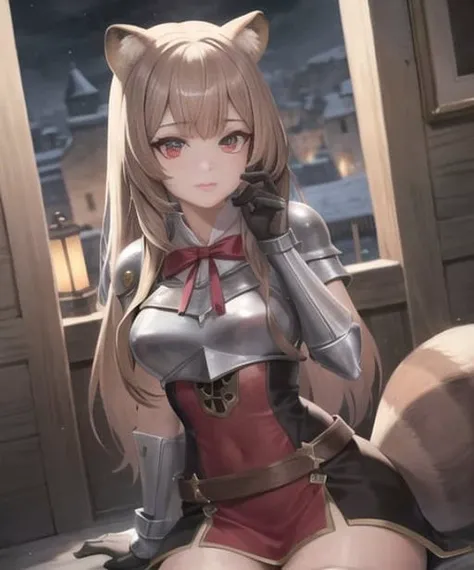 SFW,masterpiece,best quality,ultra-detailed, ray tracing,perfect lighting, raph, 1girl, solo, tail, racoon ears, wearing armor, castle background, staring at viewer, light brown hair, red eyes, black eyeliner <lora:raphtaliaLora_raphtaliaLoraV1:0.5>
