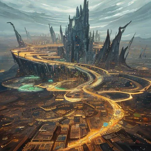 Expansive, sprawling, barren mega city, epic, colorful, vivid, cinematic, hdr, hyper maximalist, elegant, fantasy, apocolyptic, intricate