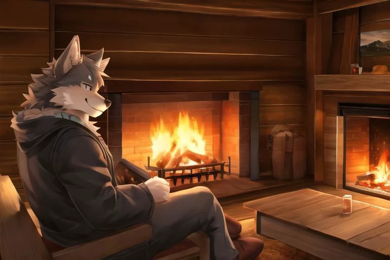 Kemono male wolf, pants, smile, mountain cabin background, fireplace, masterpiece, insane lighting, hires, high quality