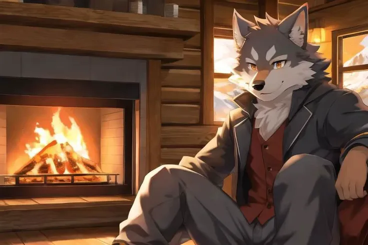 Kemono male wolf, pants, smile, mountain cabin background, fireplace, masterpiece, insane lighting, hires, high quality