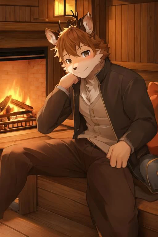 Kemono male deer, pants, smile, mountain cabin background, fireplace, masterpiece, insane lighting, hires, high quality