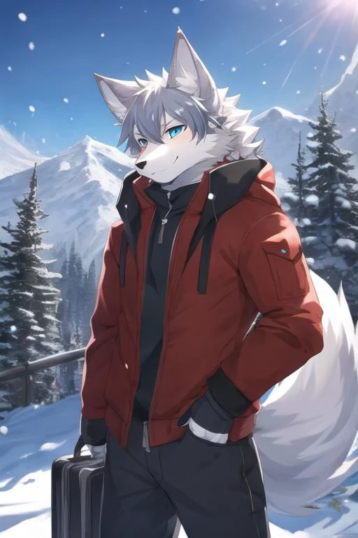 Kemono male wolf, pants, smile, mountain background, snow, snowing, sunny, masterpiece, insane lighting, hires, high quality